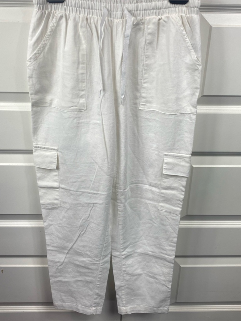 CI SONO Linen Blend Straight Leg Pull On Pants • Medium White Loose Drawstring